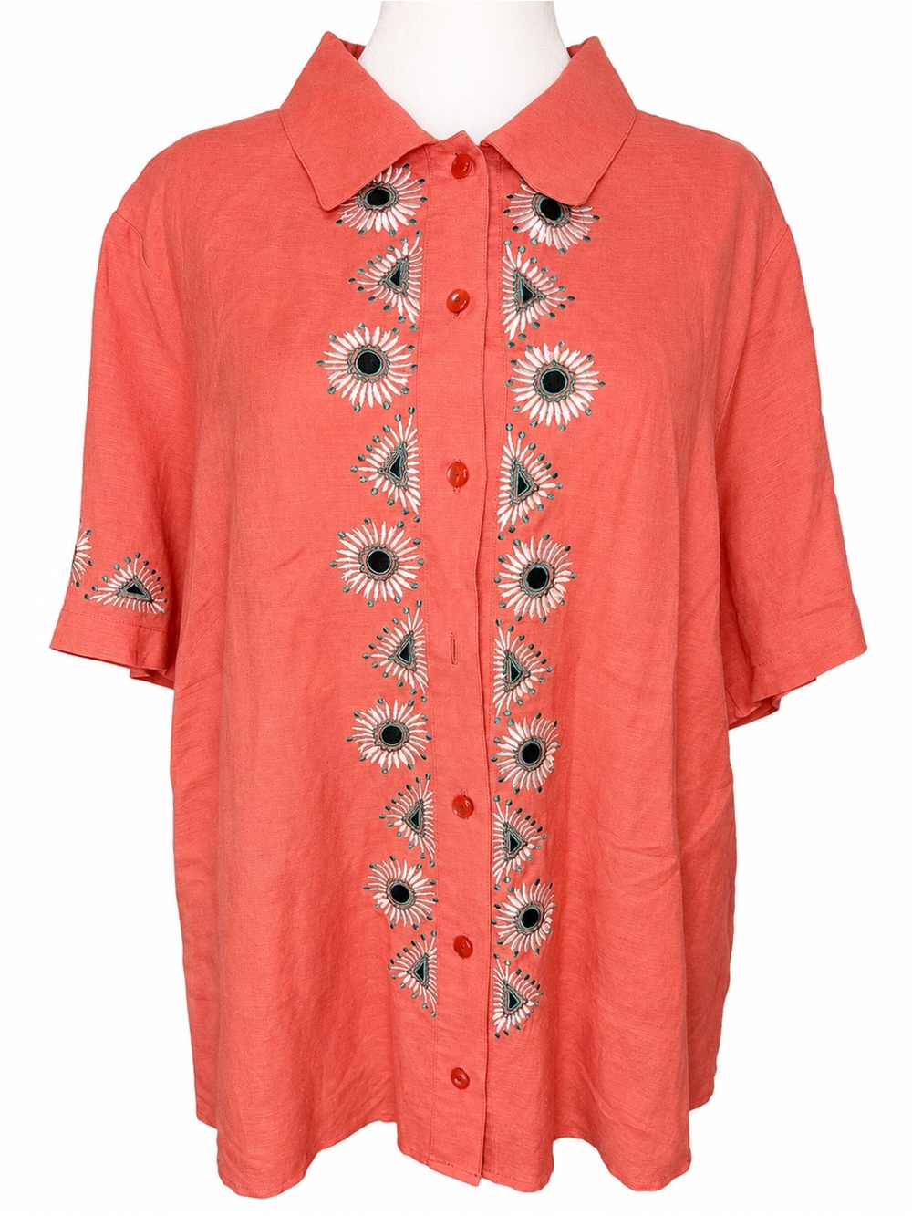 Bob Mackie Wearable Art Coral Embroidered Button Front Blouse 1X Boho Coastal